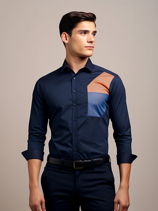 Colourblocked Spread Collar Cotton Semi-Formal Shirt