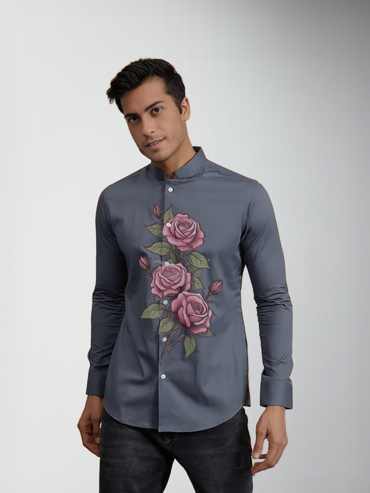 Printed Mandarin Collar Cotton Casual Shirt