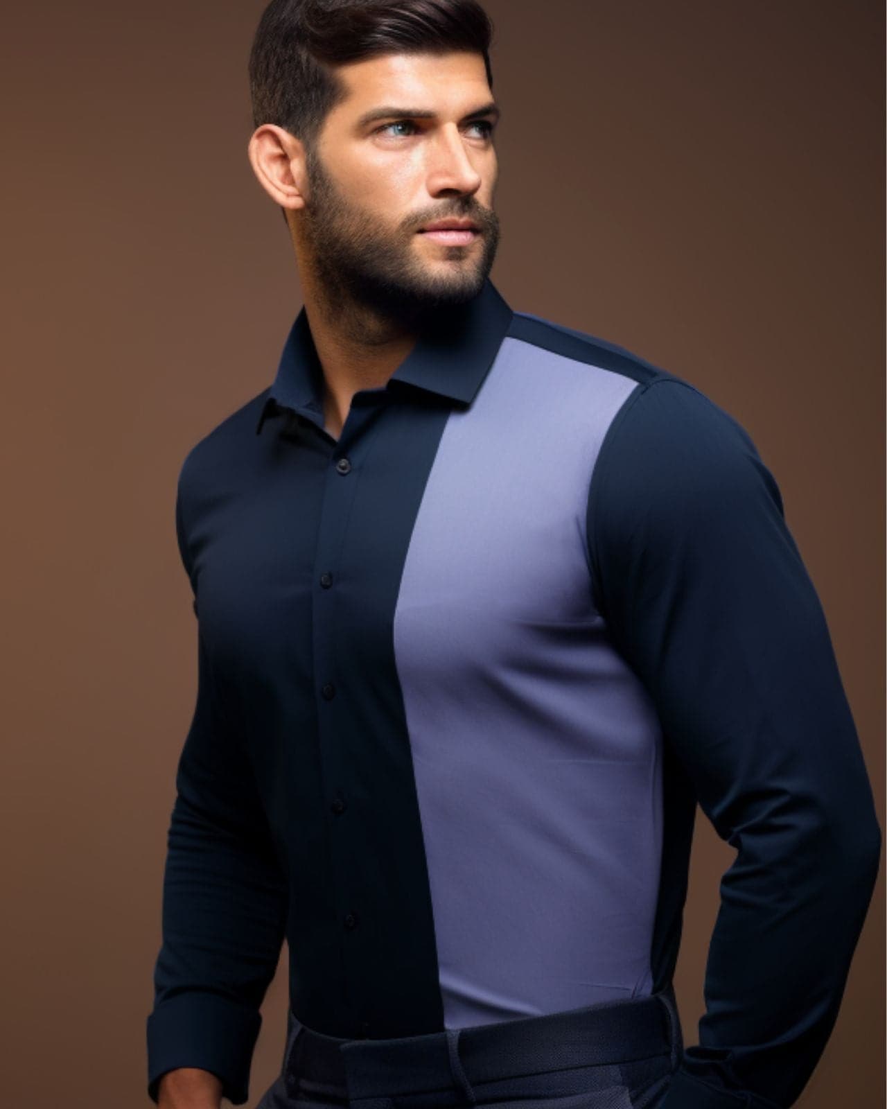 Navy Lilac Color Blocked Cotton Shirt