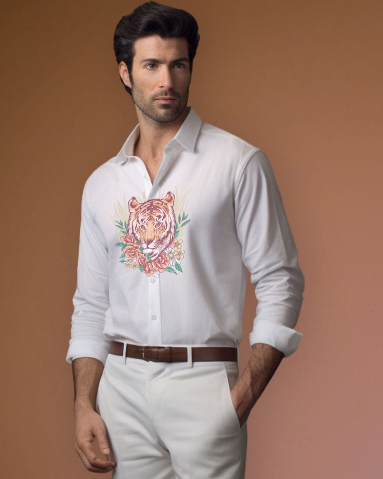 Tiger Printed White Cotton Shirt