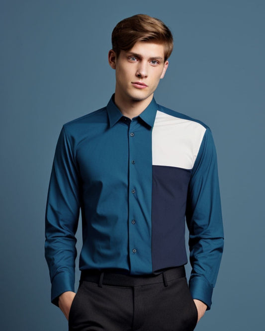 Forest Blue Dual Color Blocked Shirt