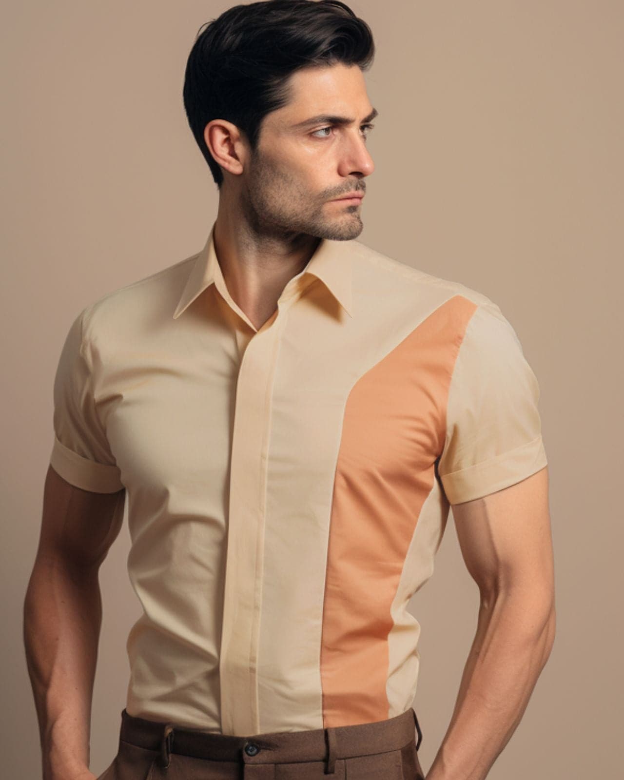 Cream Tangerine Color Blocked Cotton Shirt