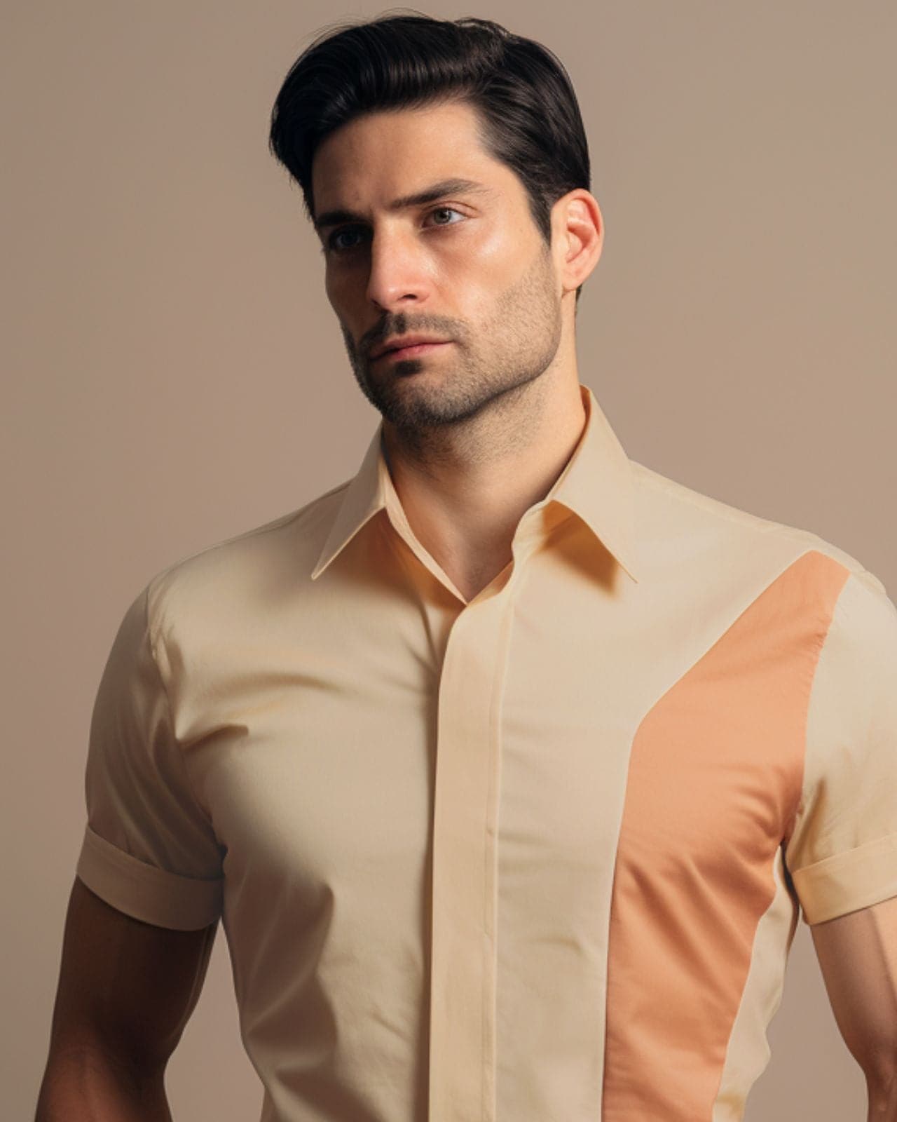 Cream Tangerine Color Blocked Cotton Shirt
