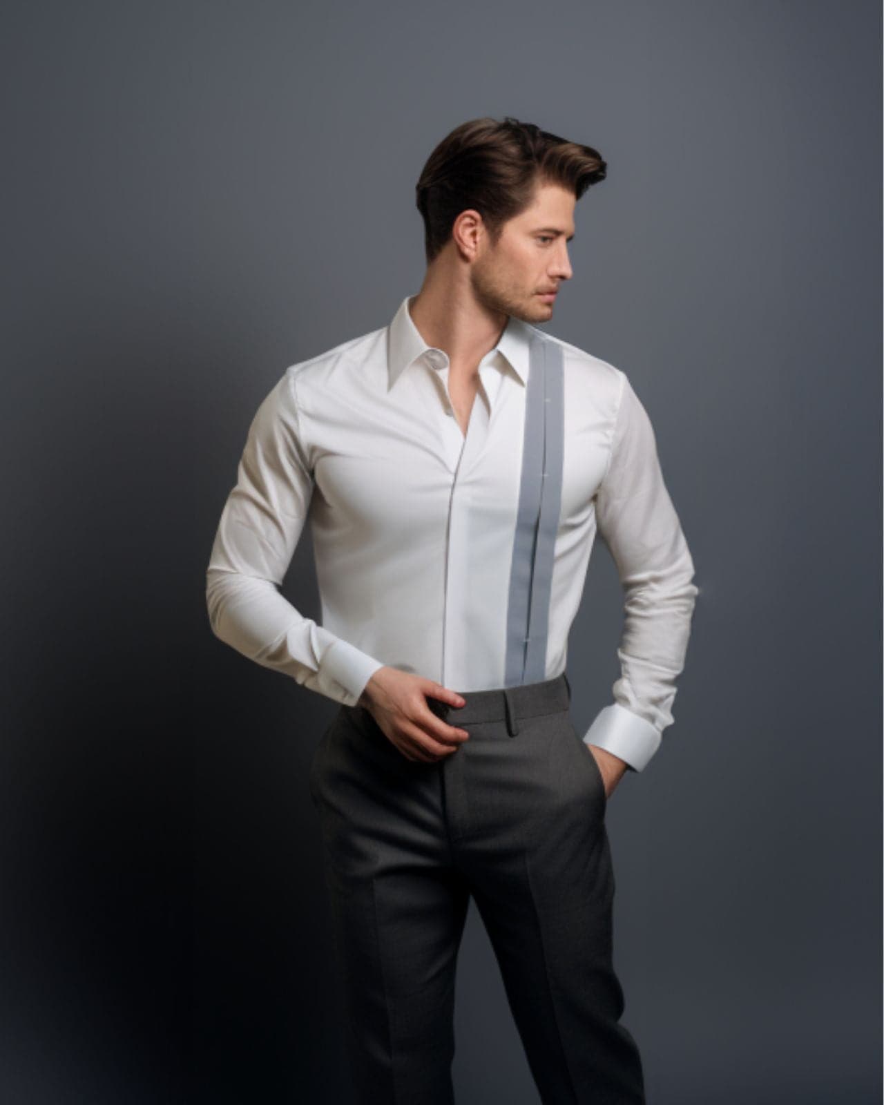 White Metal Grey Color Pleat Cotton Shirt