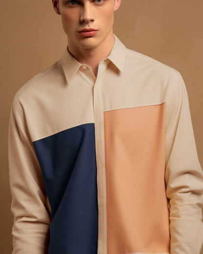 Cream Dual Contrast Color Blocked Cotton Shirt
