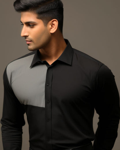 Black Grey Color Blocked Cotton Shirt