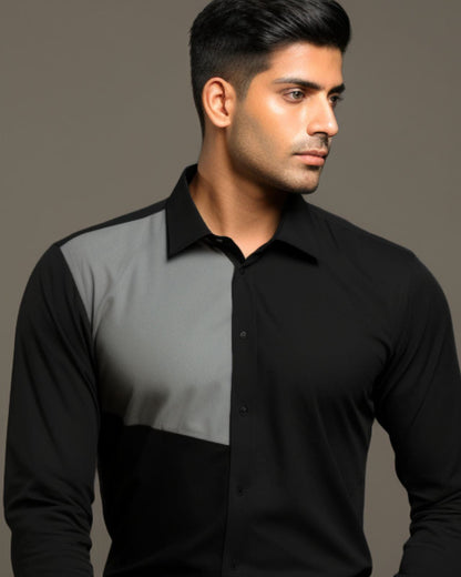 Black Grey Color Blocked Cotton Shirt
