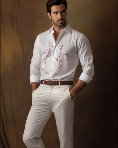 White Flamingos Embroidered Cotton Shirt