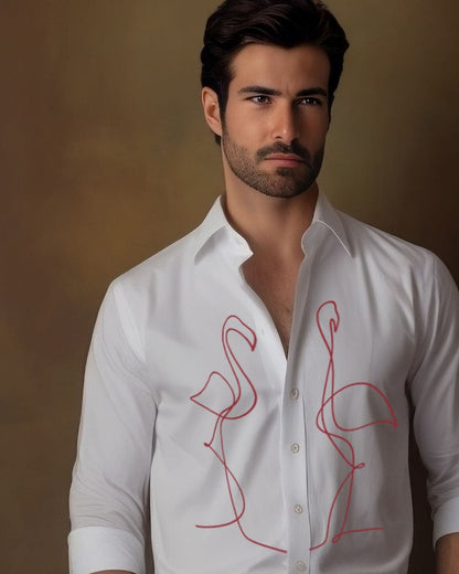 White Flamingos Embroidered Cotton Shirt
