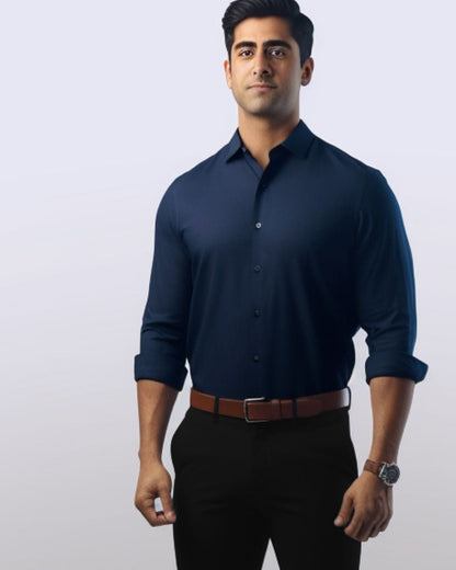 Navy French Placket Cotton Shirt
