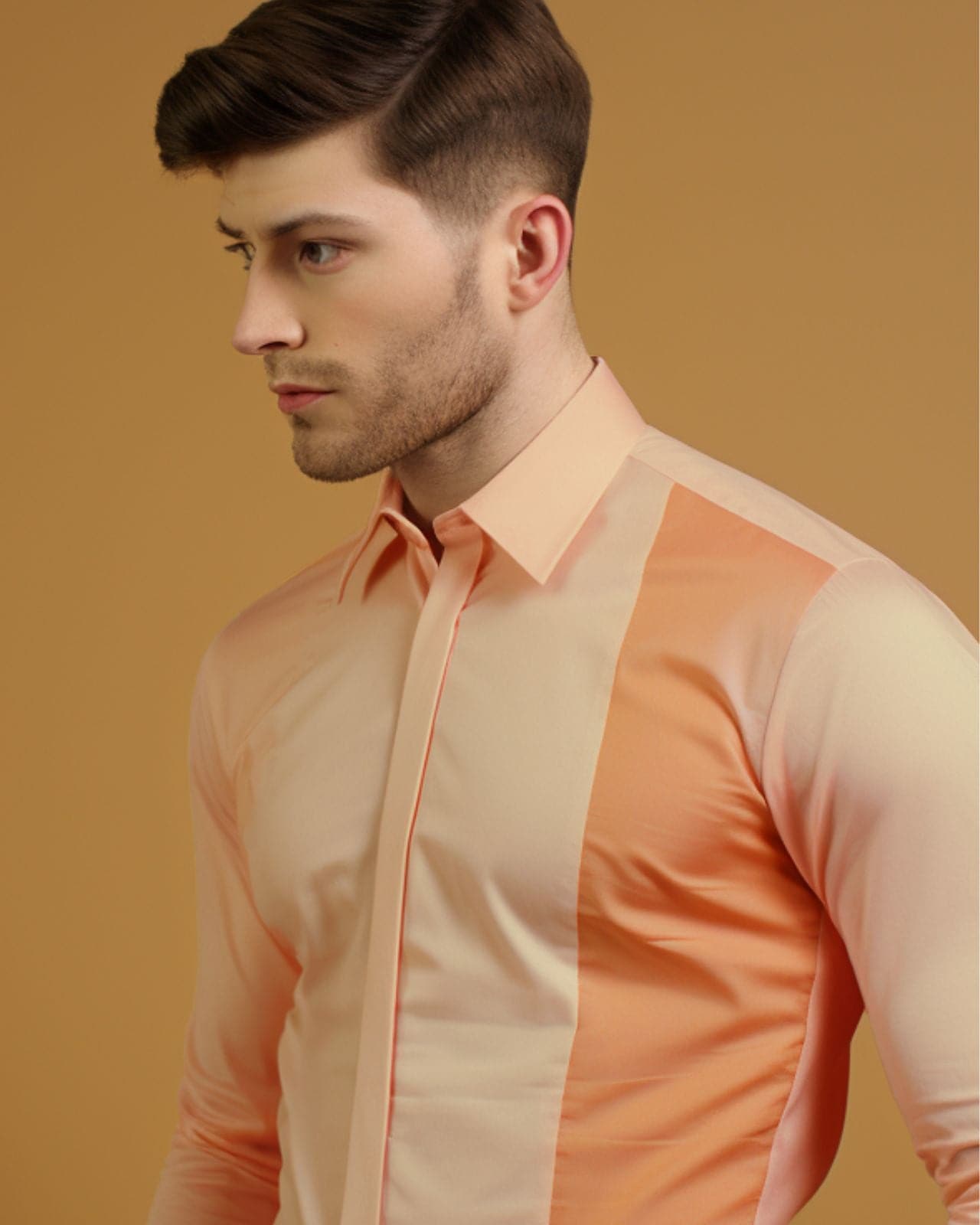 Peach Orange Color Blocked Cotton Shirt