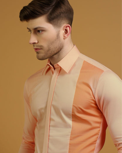 Peach Orange Color Blocked Cotton Shirt