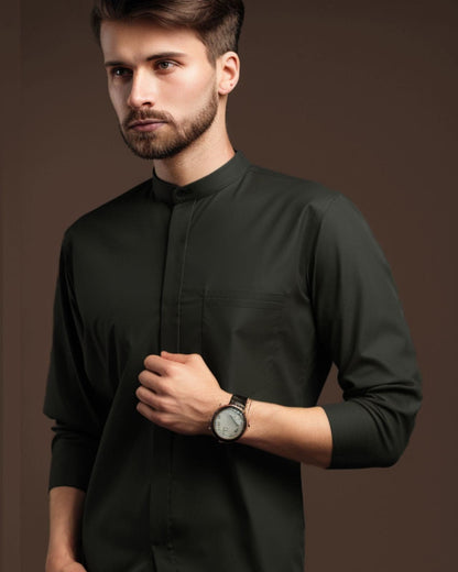 Band Collar Concealed Olive Cotton Shirt