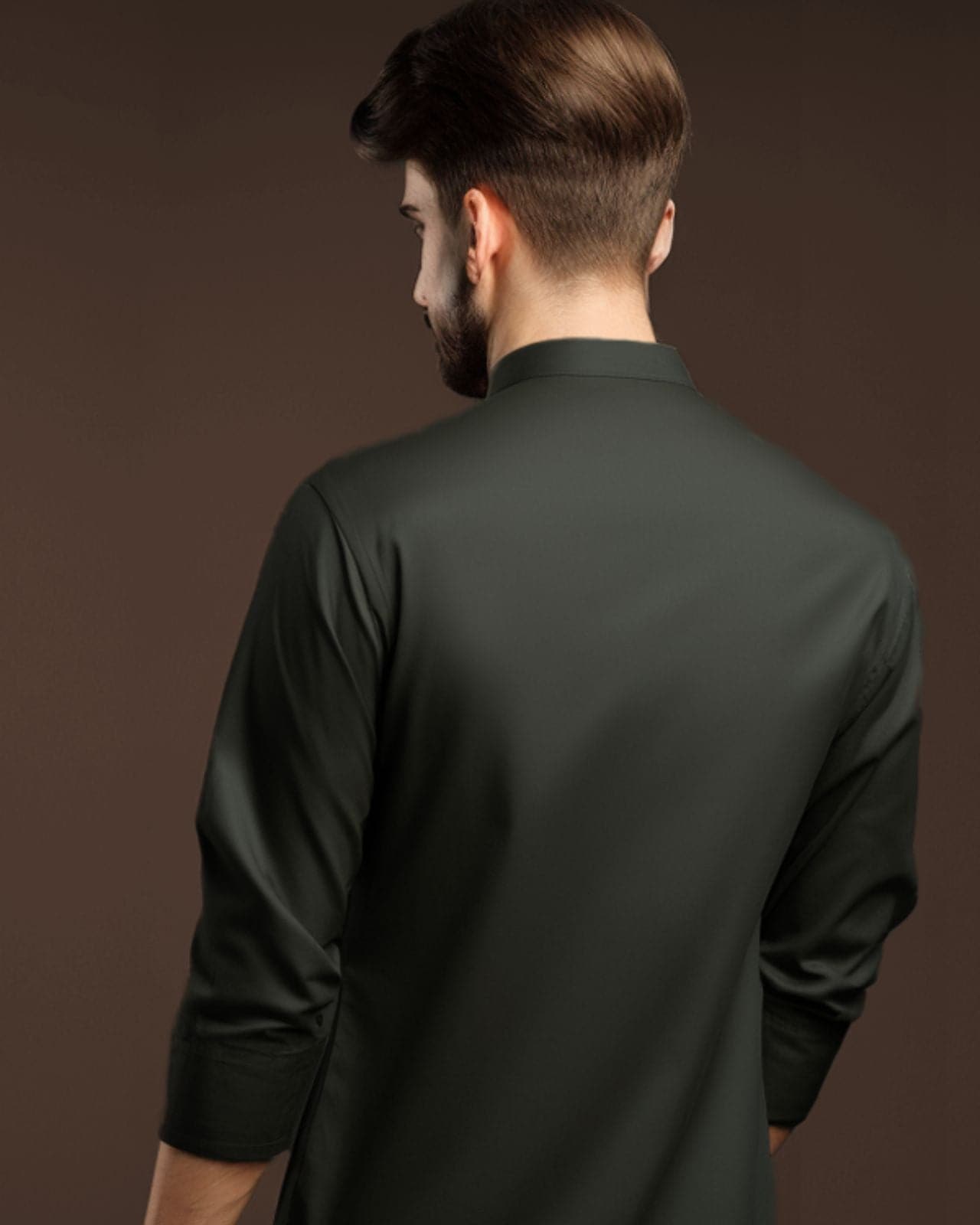 Band Collar Concealed Olive Cotton Shirt