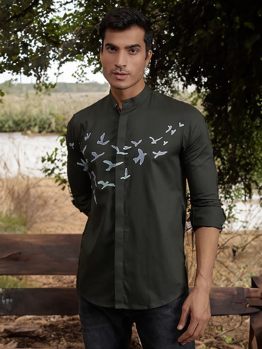 Printed Smart Casual Olive Shirt