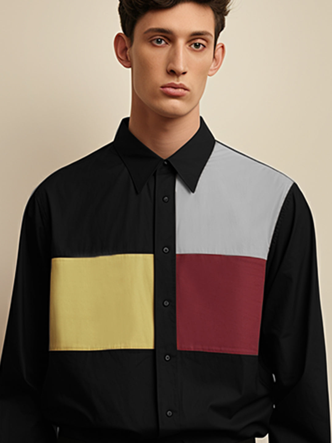 Colourblocked Smart Casual Black Shirt