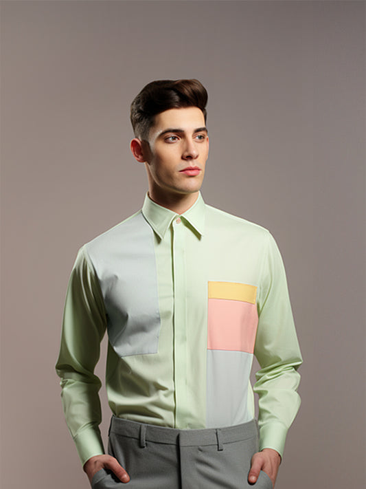Colourblocked Smart Casual Green Shirt