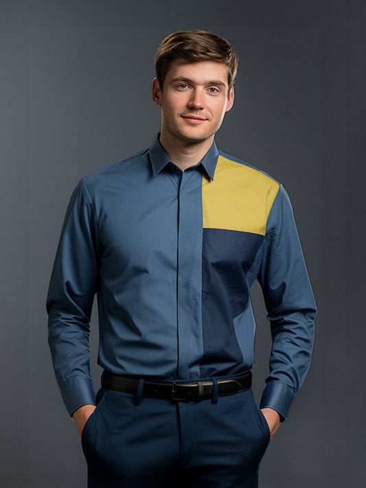 Colourblocked Smart Casual Blue Shirt