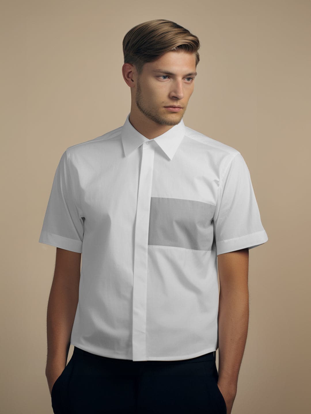 Colourblocked Spread Collar Cotton Formal Shirt