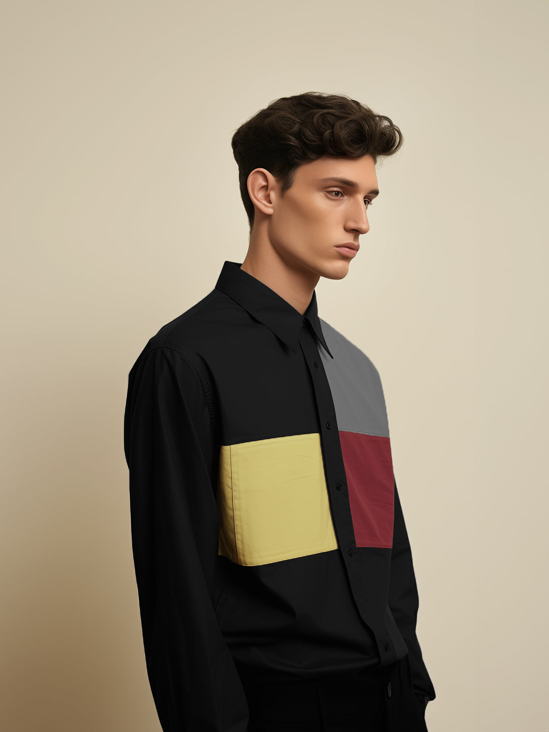 Colourblocked Smart Casual Black Shirt