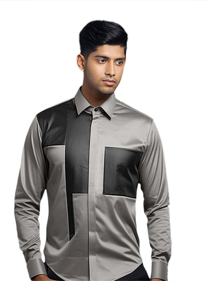 Colourblocked Spread Collar Cotton Semi-Formal Shirt