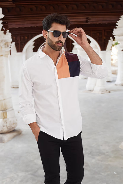 Colourblocked Semi Formal White Shirt