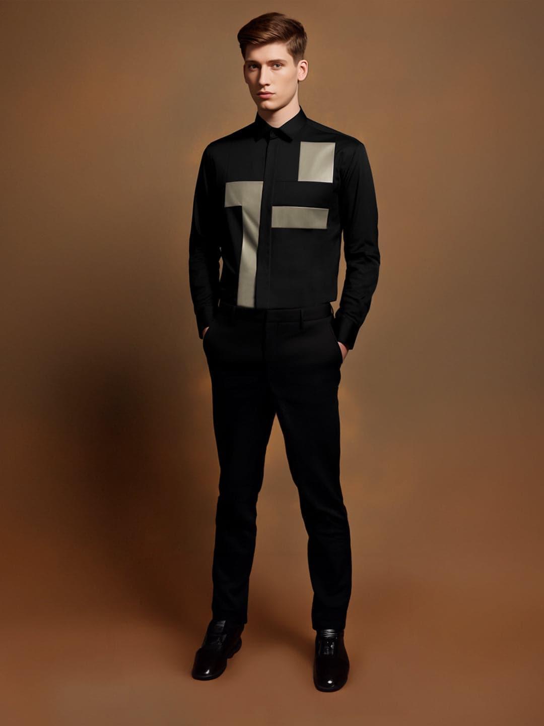 Colourblocked Party Wear Black Shirt - HE SPOKE - For Men