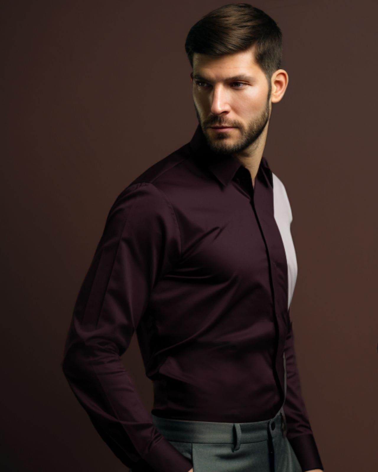 Colourblocked Party Wear Burgundy Designer Shirt For Men by HE SPOKE