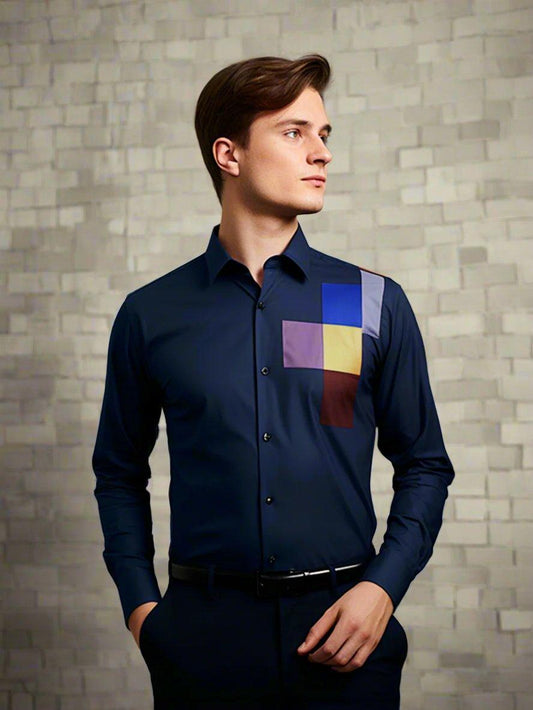 Colourblocked Party Wear Navy Shirt - HE SPOKE - For Men