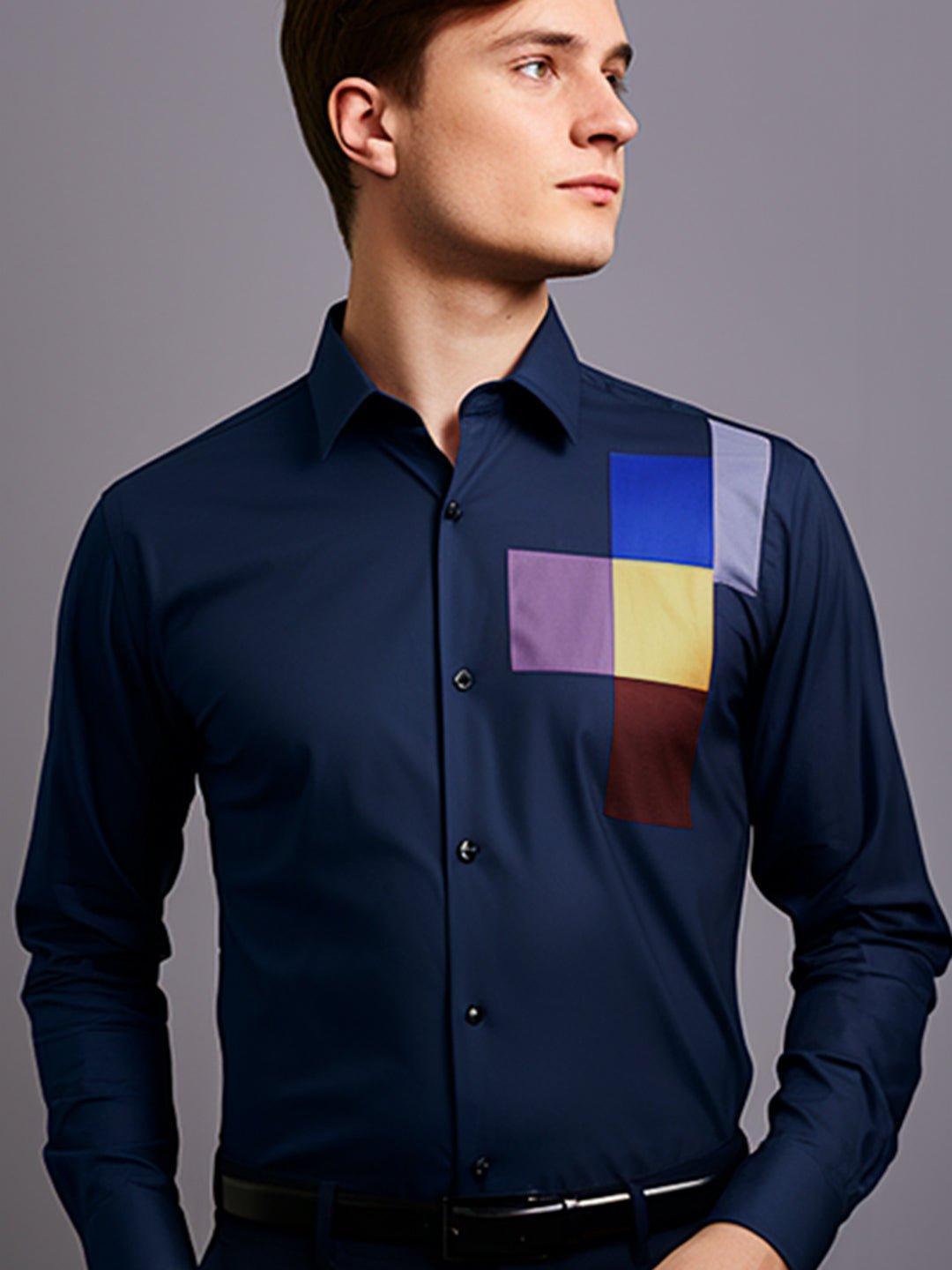 Colourblocked Party Wear Navy Shirt - HE SPOKE - For Men