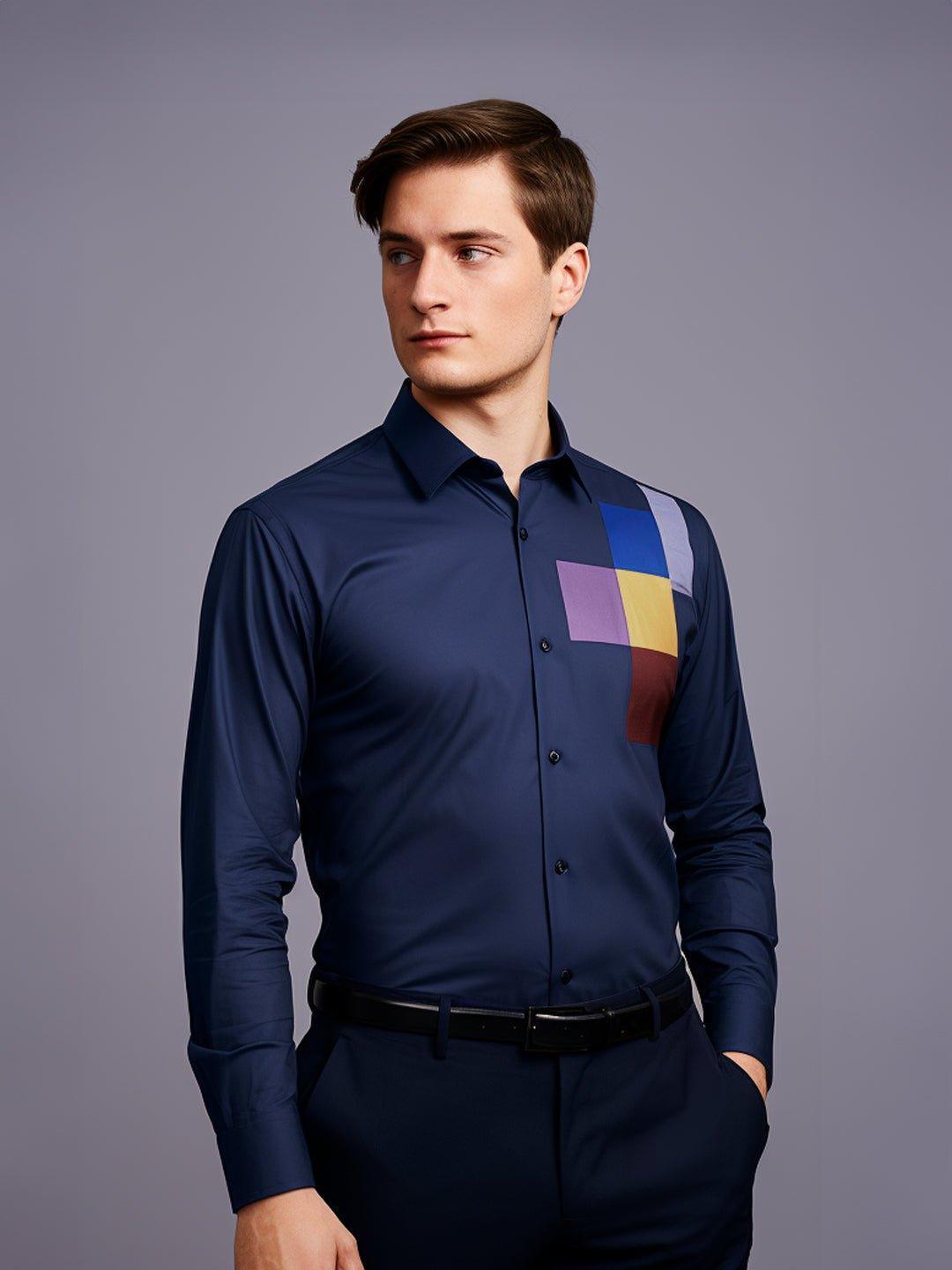 Colourblocked Party Wear Navy Shirt - HE SPOKE - For Men