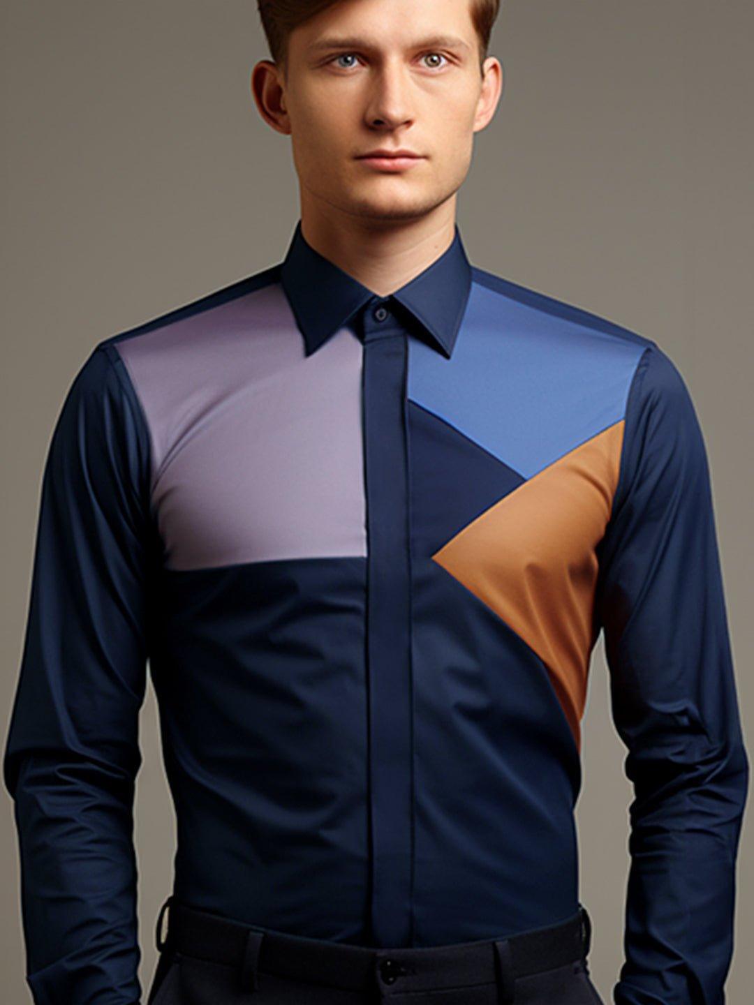 Colourblocked Party Wear Navy Shirt - HE SPOKE - For Men