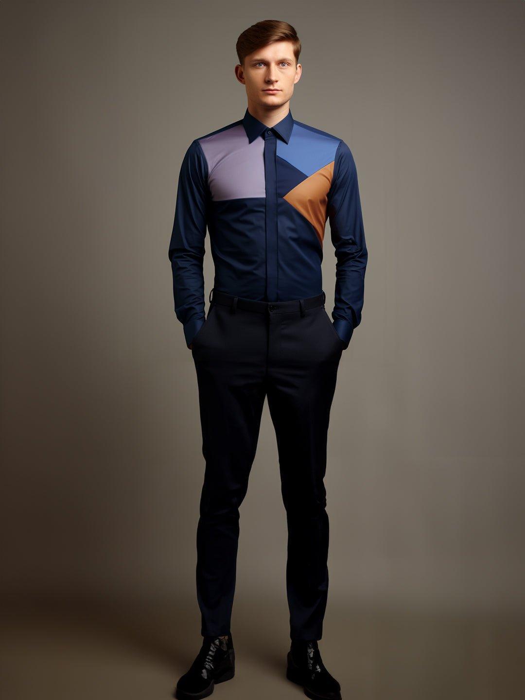 Colourblocked Party Wear Navy Shirt - HE SPOKE - For Men