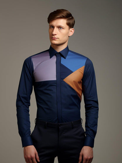 Colourblocked Party Wear Navy Shirt - HE SPOKE - For Men