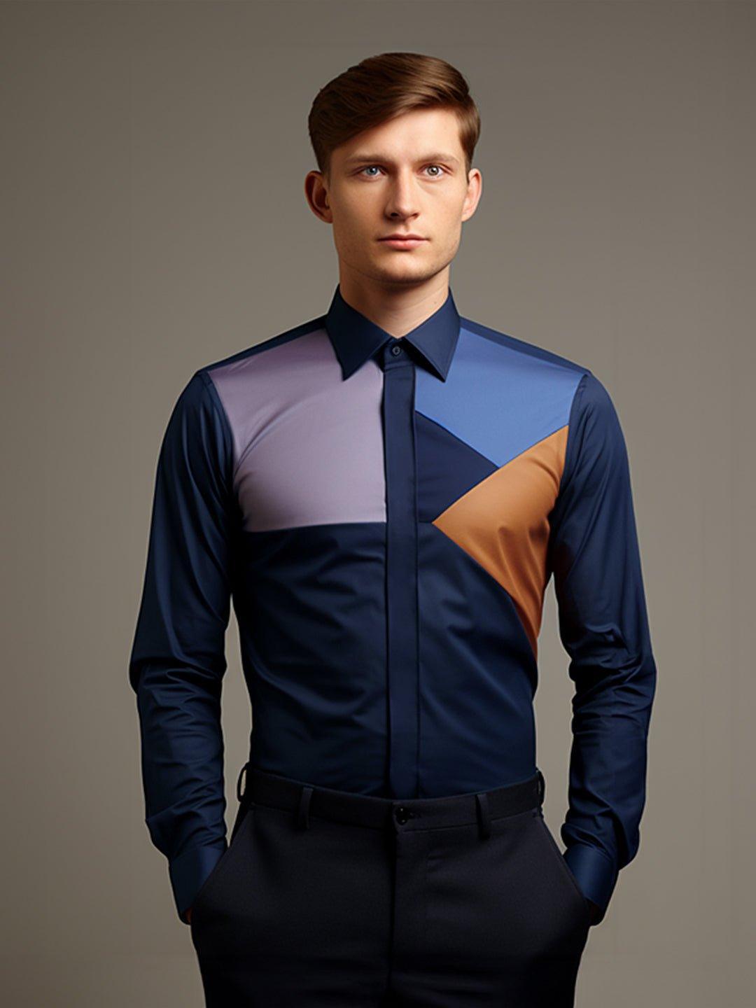 Colourblocked Party Wear Navy Shirt - HE SPOKE - For Men