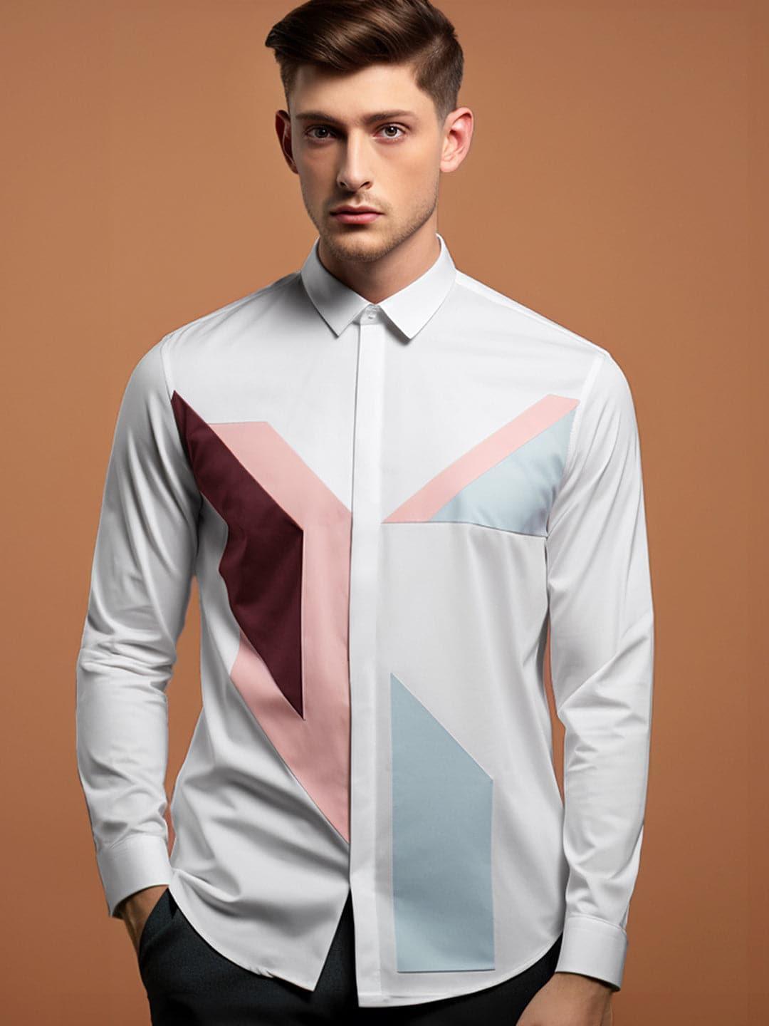 Colourblocked Party Wear White Shirt - HE SPOKE - For Men