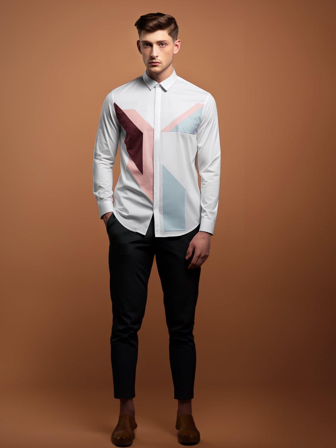 Colourblocked Party Wear White Shirt - HE SPOKE - For Men