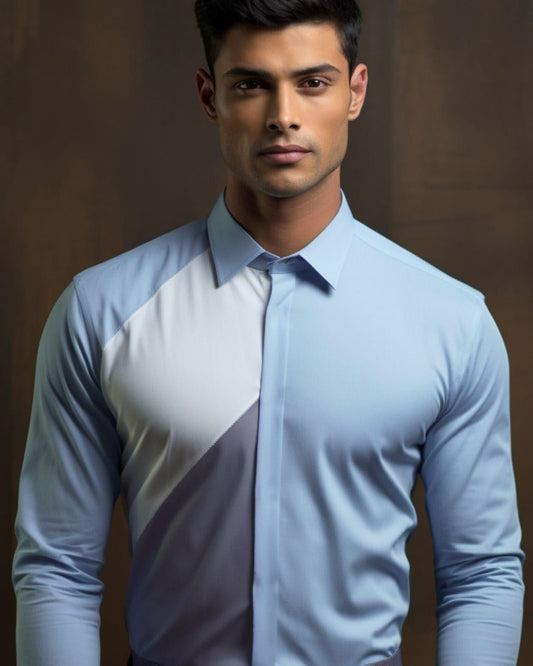 Colourblocked Semi Formal Blue Shirt - HE SPOKE - For Men