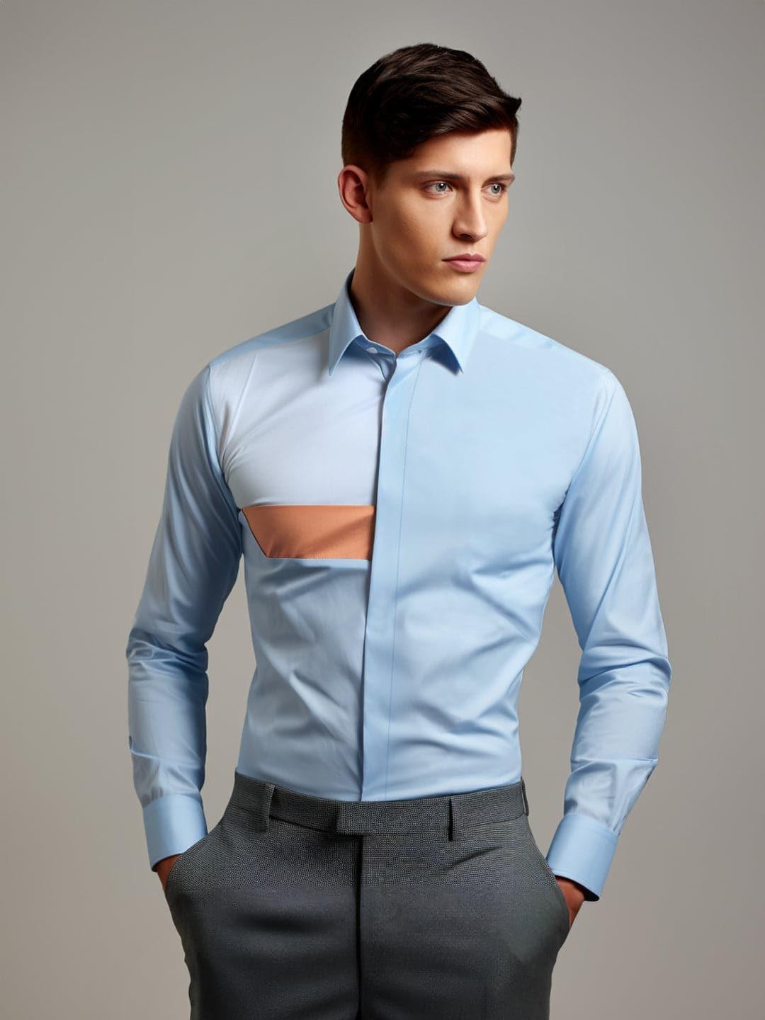 Colourblocked Semi Formal Blue Shirt - HE SPOKE - For Men