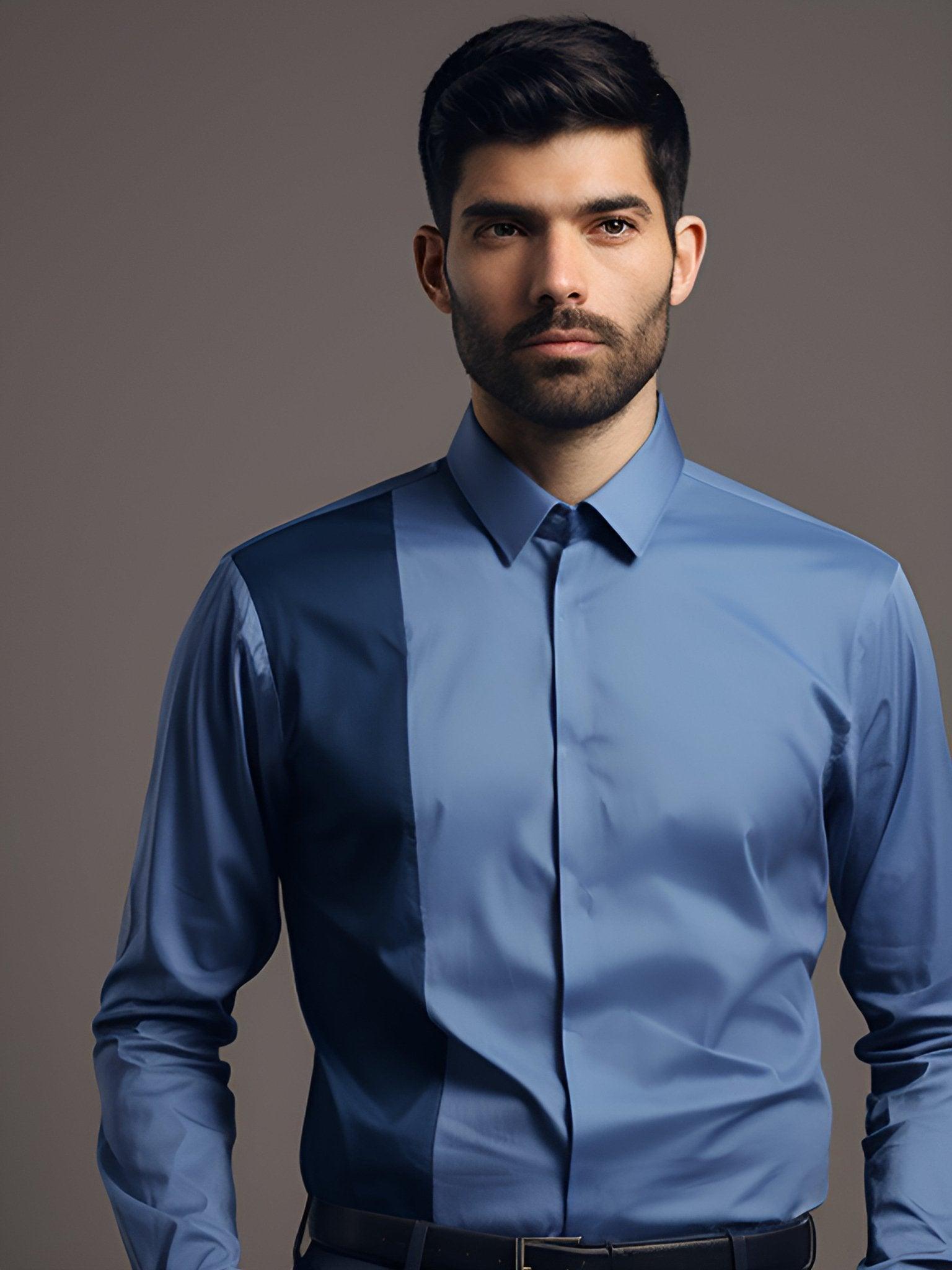 Colourblocked Semi Formal Blue Shirt - HE SPOKE - For Men