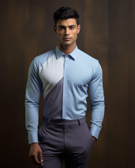 Colourblocked Semi Formal Blue Shirt - HE SPOKE - For Men