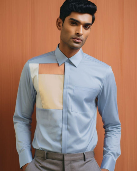 Colourblocked Semi Formal Blue Shirt - HE SPOKE - For Men