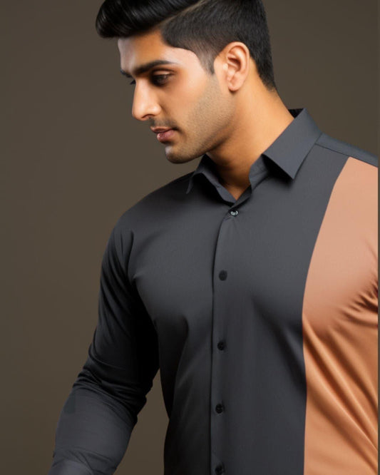 Colourblocked Semi Formal Dark Grey Shirt - HE SPOKE - For Men