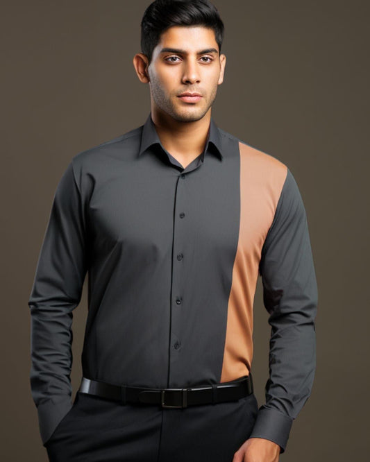 Colourblocked Semi Formal Dark Grey Shirt - HE SPOKE - For Men