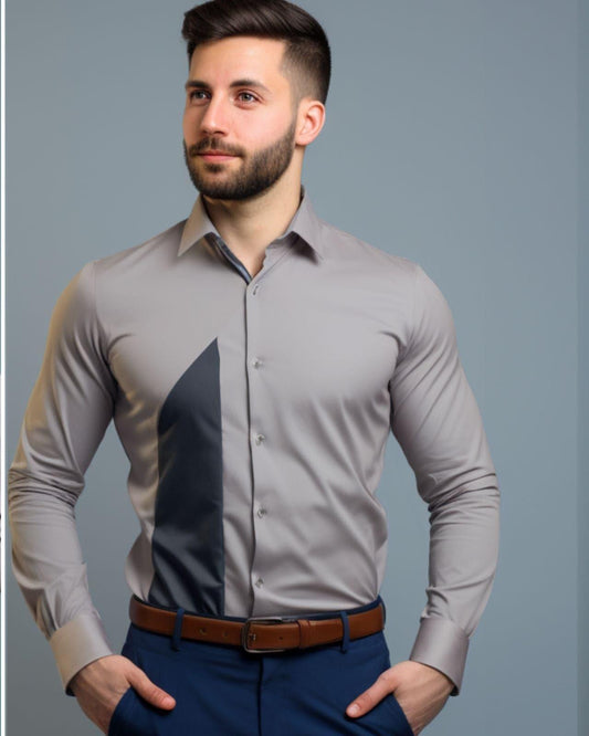 Colourblocked Semi Formal Grey Shirt - HE SPOKE - For Men