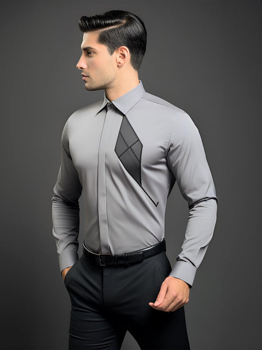 Colourblocked Semi Formal Grey Shirt - HE SPOKE - For Men