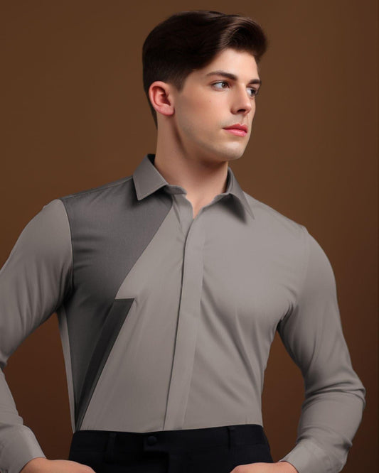 Colourblocked Semi Formal Grey Shirt - HE SPOKE - For Men