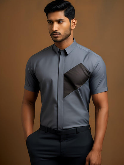 Colourblocked Semi Formal Grey Shirt - HE SPOKE - For Men