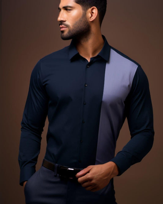 Colourblocked Semi Formal Navy Shirt - HE SPOKE - For Men