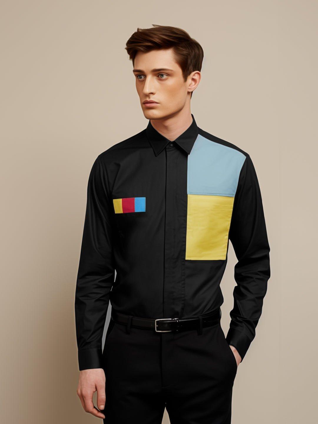 Colourblocked Smart Casual Black Shirt - HE SPOKE - For Men